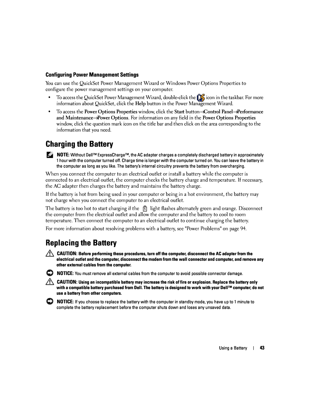 Dell PP20L owner manual Charging the Battery, Replacing the Battery, Configuring Power Management Settings 