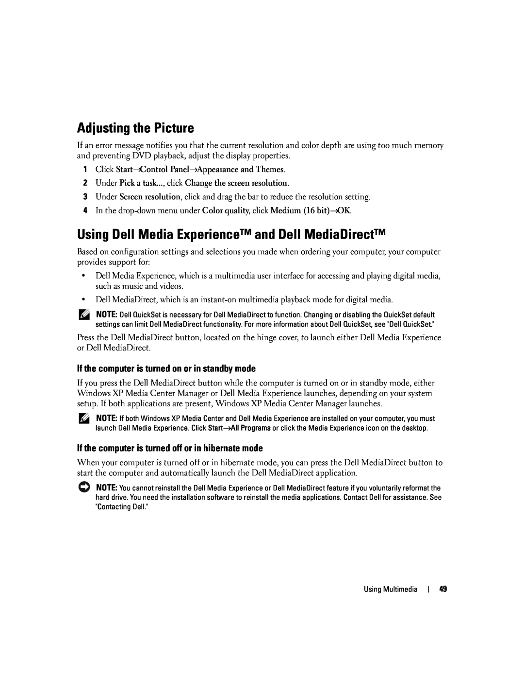 Dell PP20L owner manual Adjusting the Picture, Using Dell Media Experience and Dell MediaDirect 