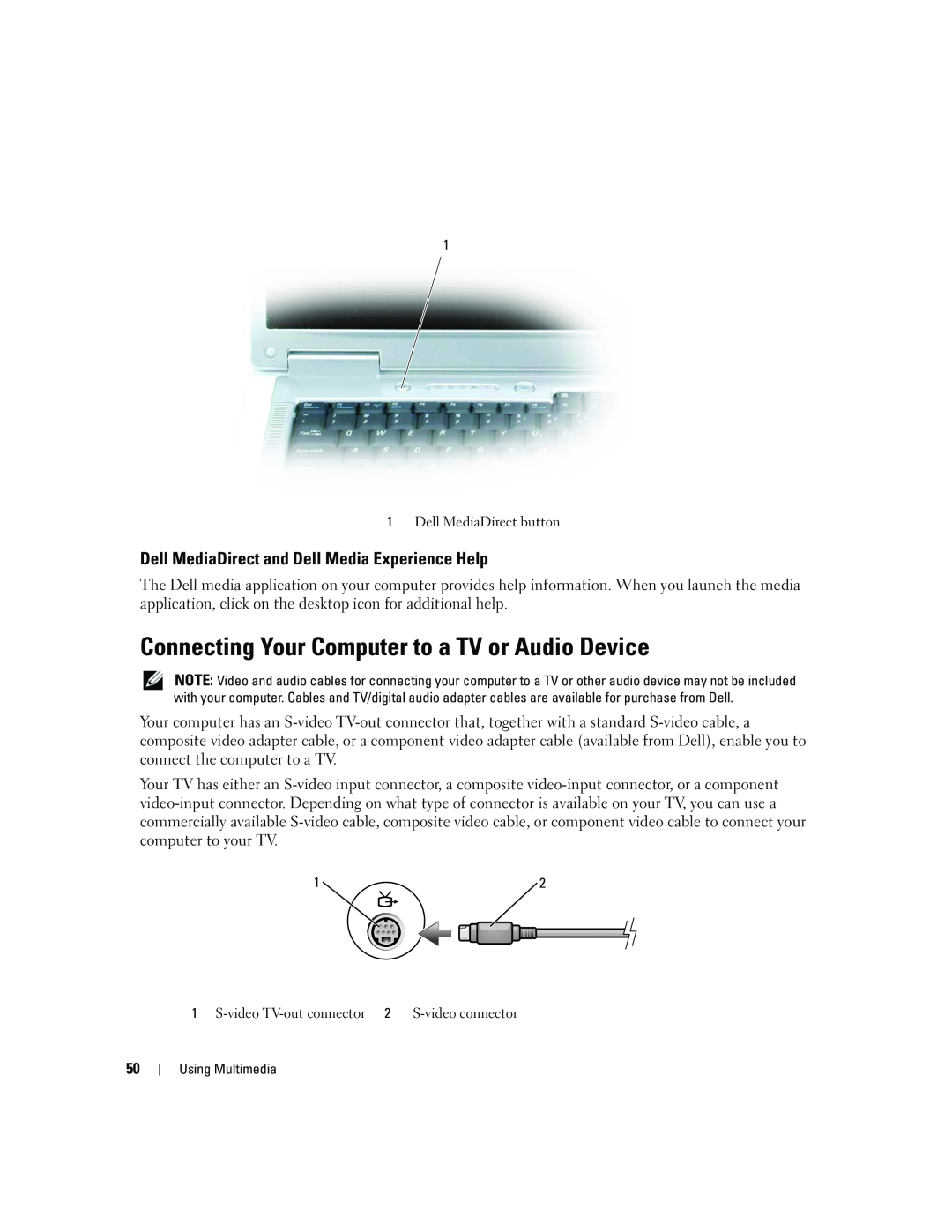 Dell PP20L owner manual Connecting Your Computer to a TV or Audio Device, Dell MediaDirect and Dell Media Experience Help 