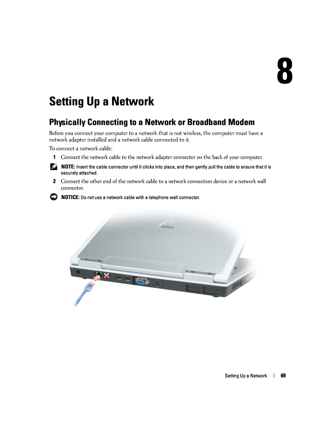 Dell PP20L owner manual Setting Up a Network, Physically Connecting to a Network or Broadband Modem 