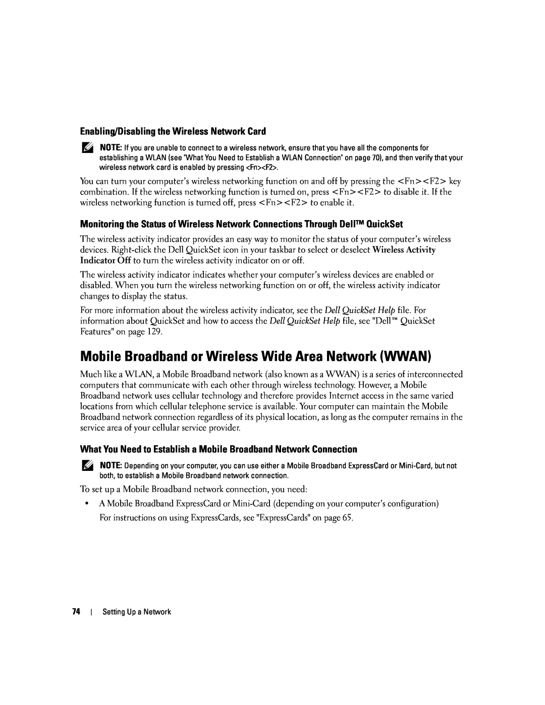 Dell PP20L owner manual Mobile Broadband or Wireless Wide Area Network WWAN, Enabling/Disabling the Wireless Network Card 