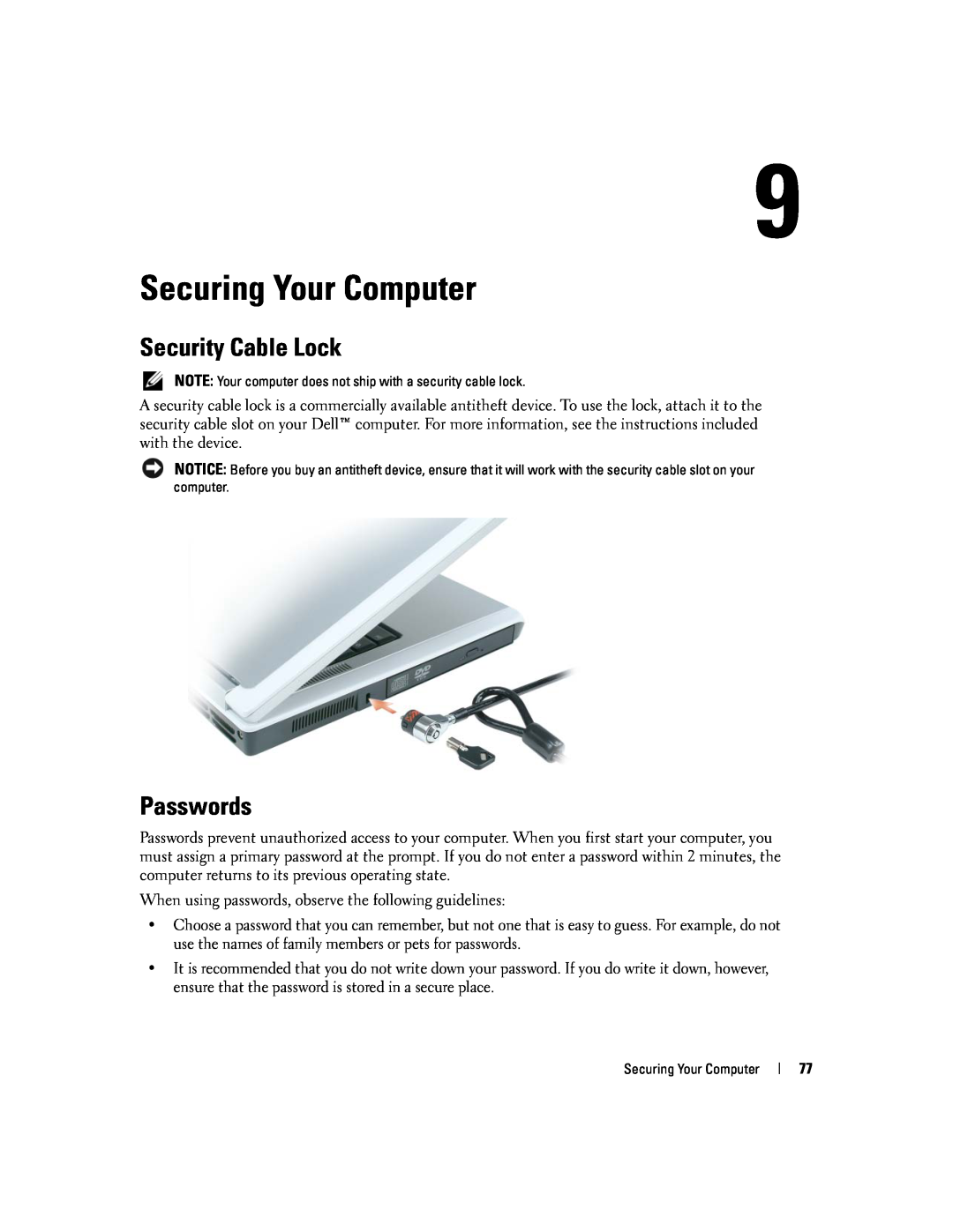 Dell PP20L owner manual Securing Your Computer, Security Cable Lock, Passwords 