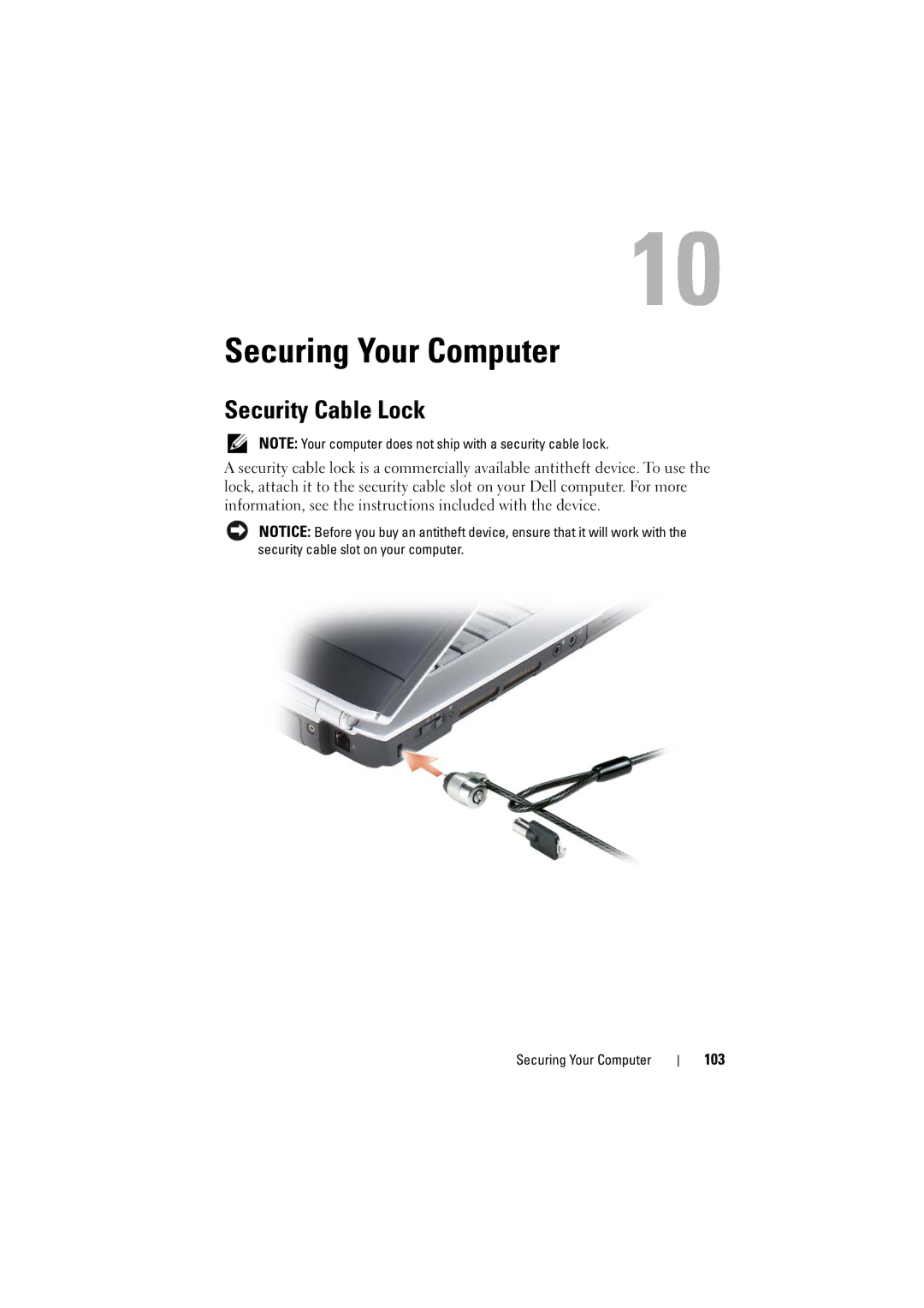 Dell PP22L manual Securing Your Computer, Security Cable Lock, 103 