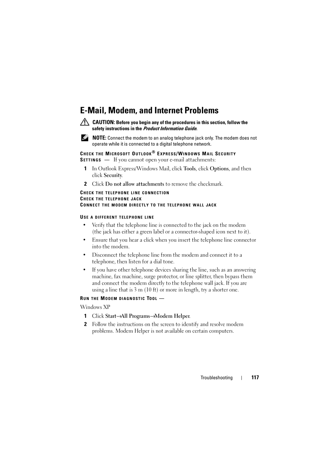 Dell PP22L manual Mail, Modem, and Internet Problems, Click Start→All Programs→Modem Helper, 117 