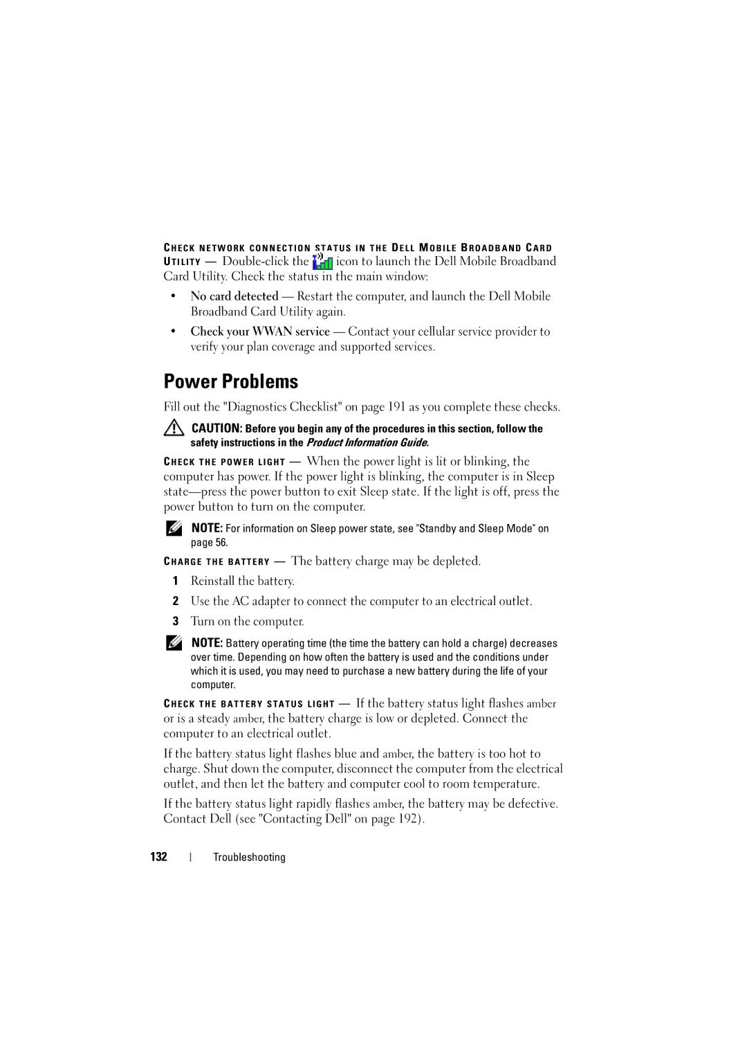 Dell PP22L manual Power Problems, 132 