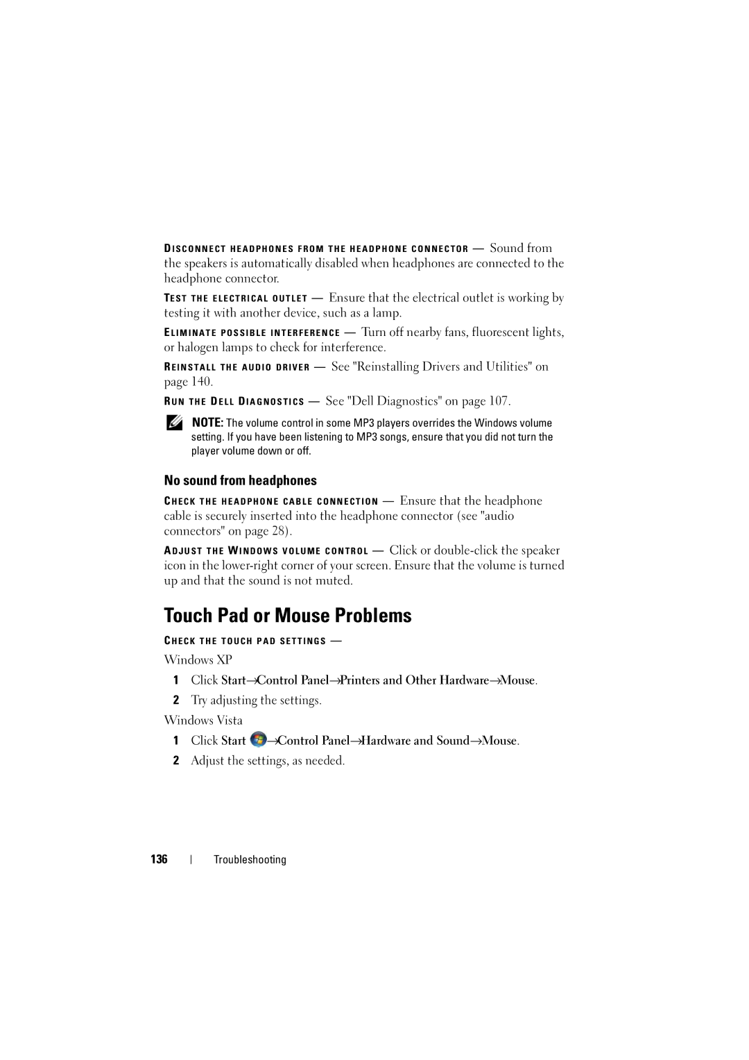 Dell PP22L Touch Pad or Mouse Problems, No sound from headphones, Click Start →Control Panel→Hardware and Sound→Mouse, 136 