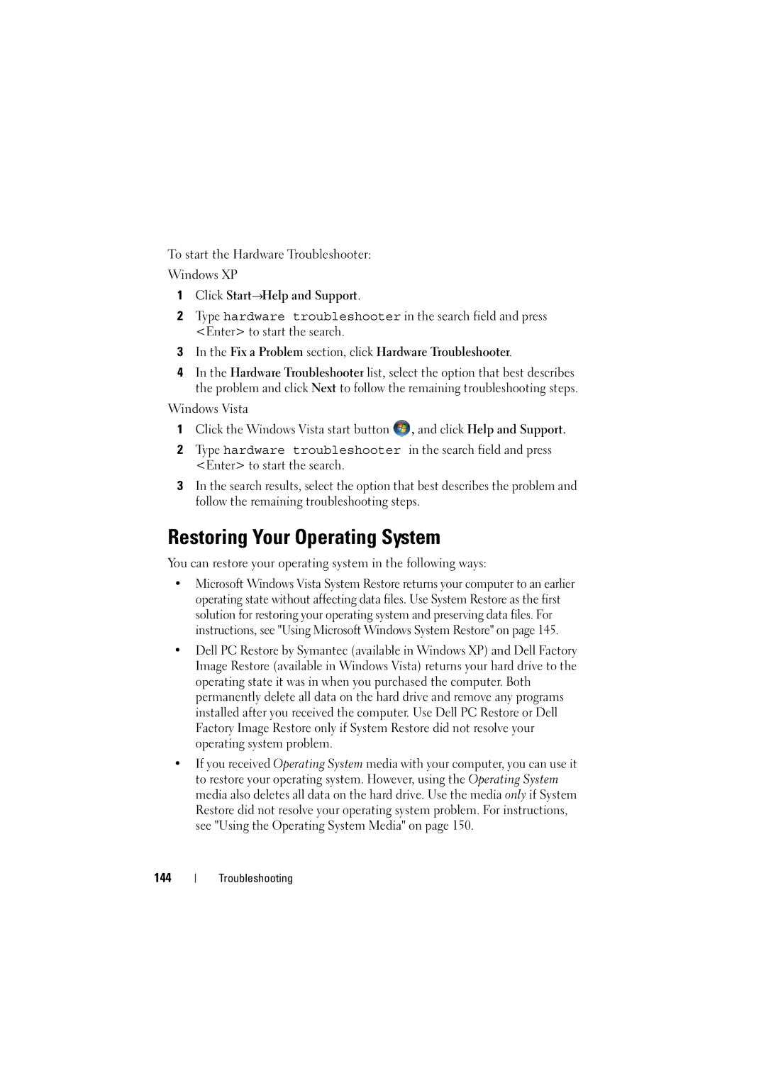 Dell PP22L manual Restoring Your Operating System, Click Start→Help and Support, 144 
