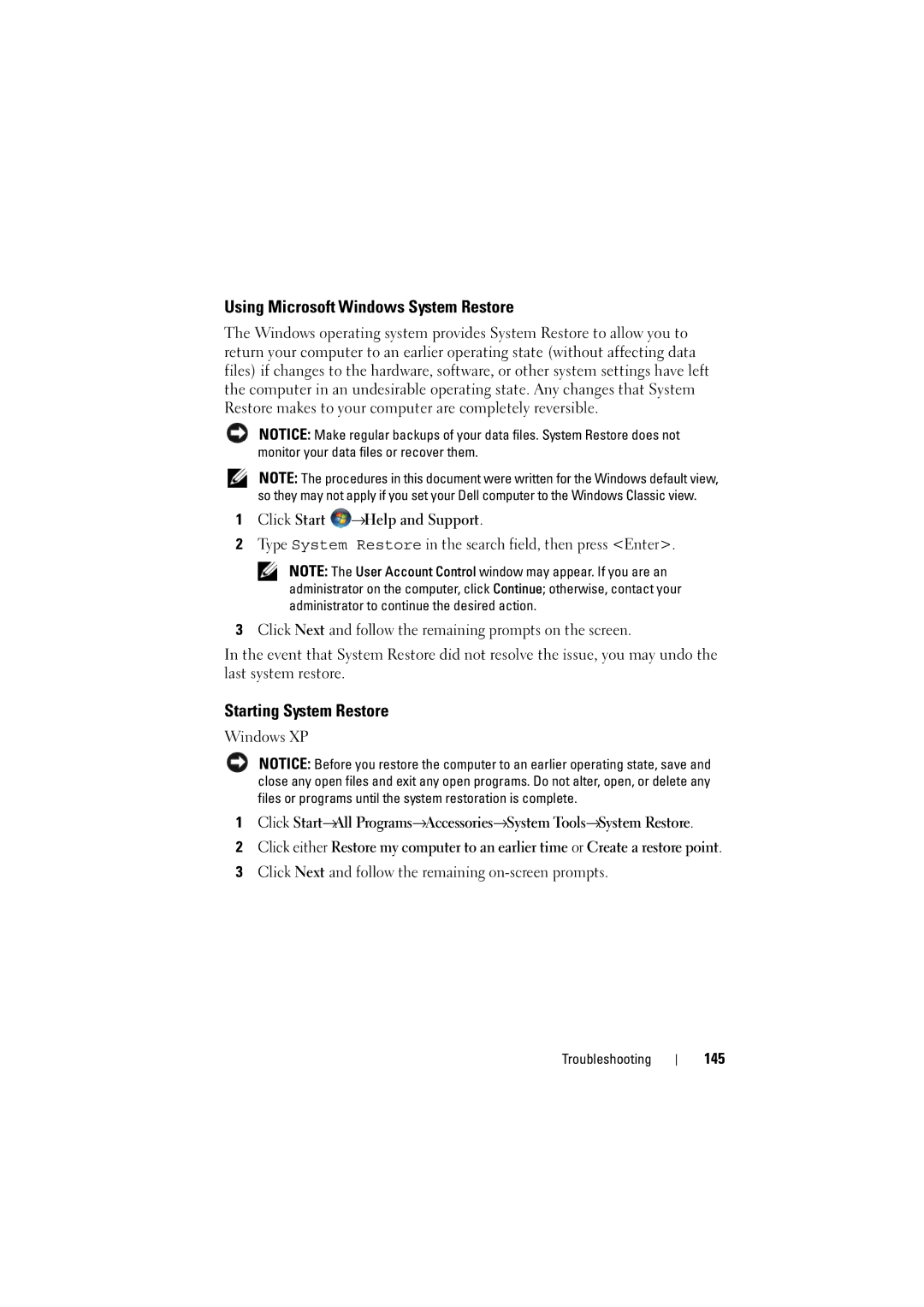 Dell PP22L manual Using Microsoft Windows System Restore, Starting System Restore, Click Start →Help and Support, 145 