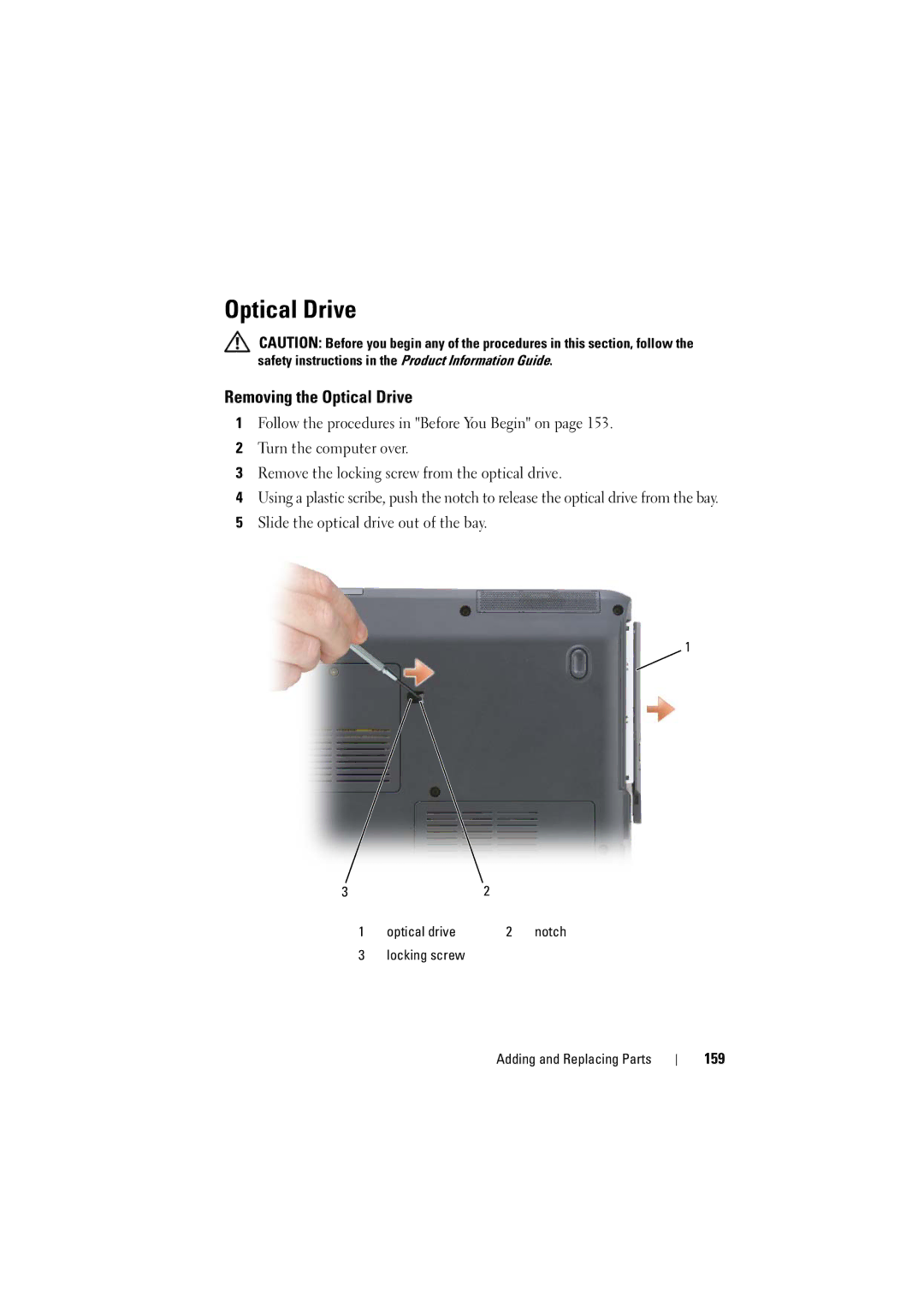 Dell PP22L manual Removing the Optical Drive, 159 