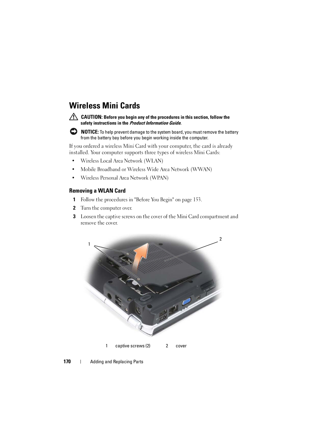 Dell PP22L manual Wireless Mini Cards, Removing a Wlan Card, 170 