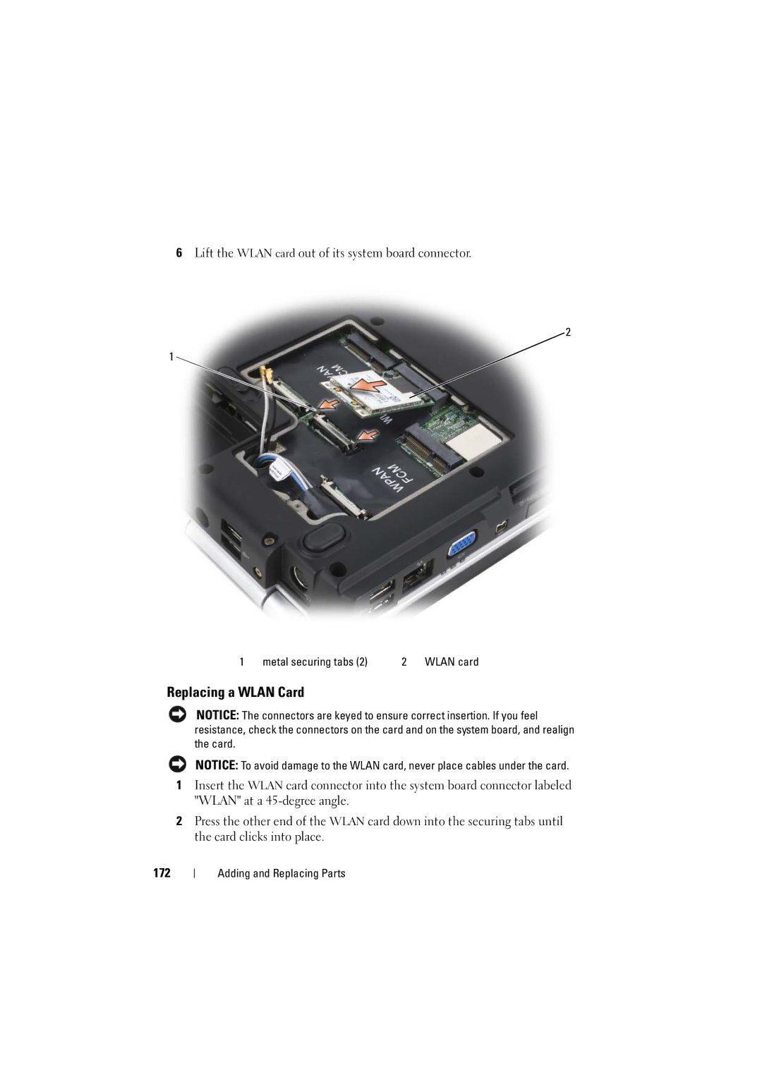 Dell PP22L manual Replacing a Wlan Card, 172 