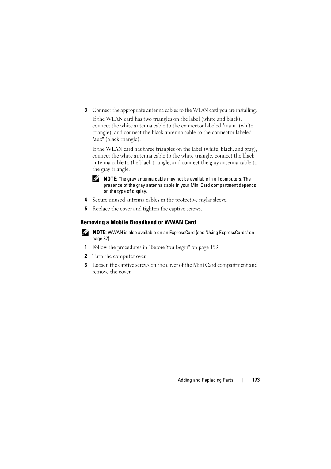 Dell PP22L manual Removing a Mobile Broadband or Wwan Card, 173 