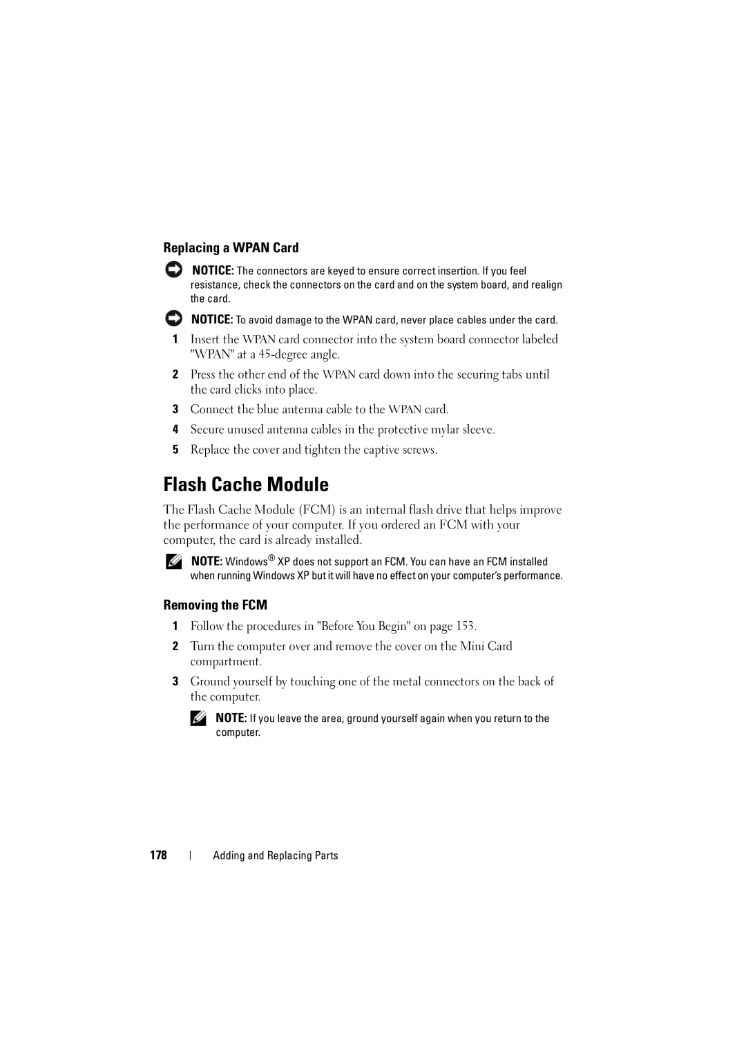 Dell PP22L manual Flash Cache Module, Replacing a Wpan Card, Removing the FCM, 178 