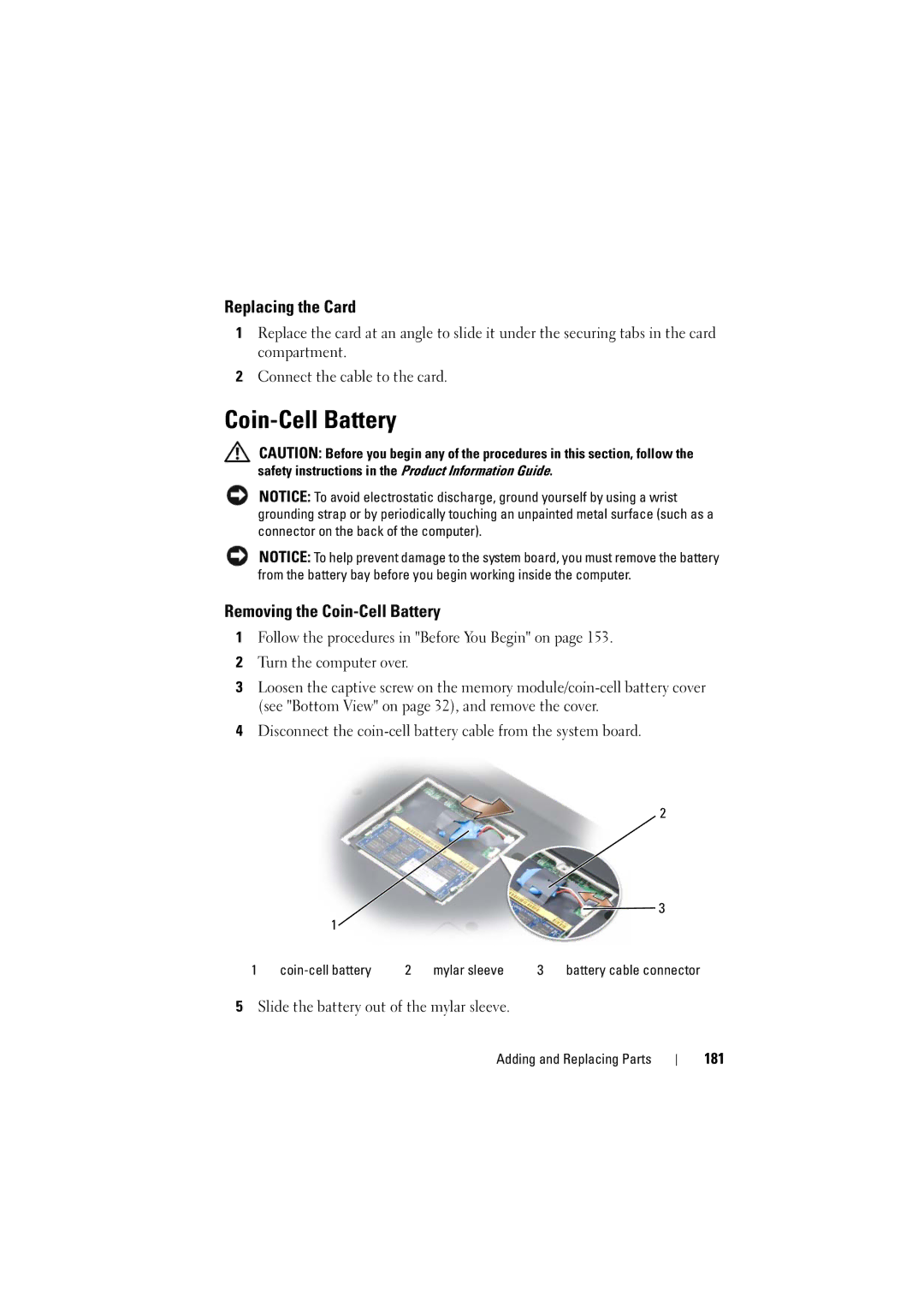 Dell PP22L manual Replacing the Card, Removing the Coin-Cell Battery, 181 