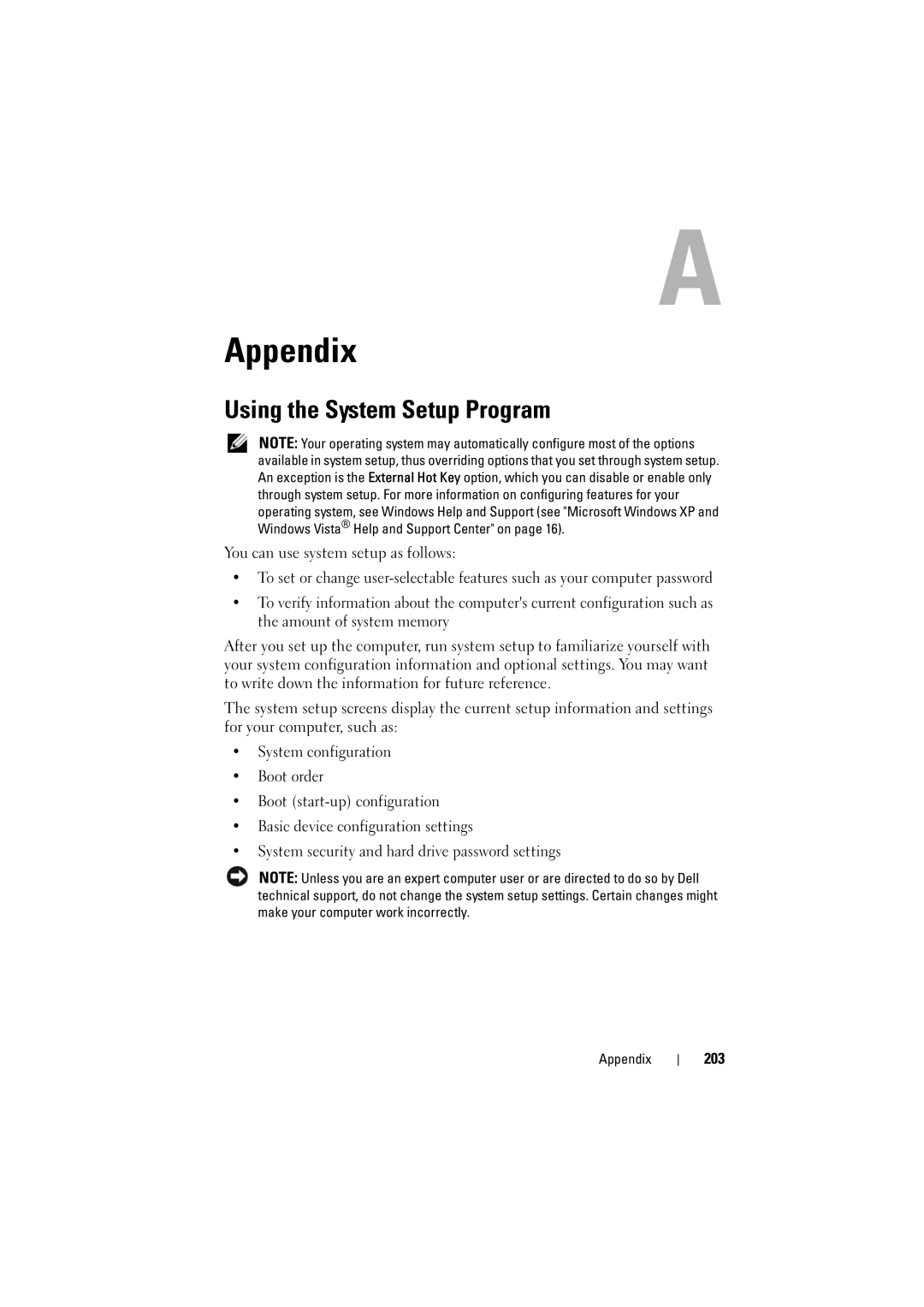 Dell PP22L manual Appendix, Using the System Setup Program, 203 