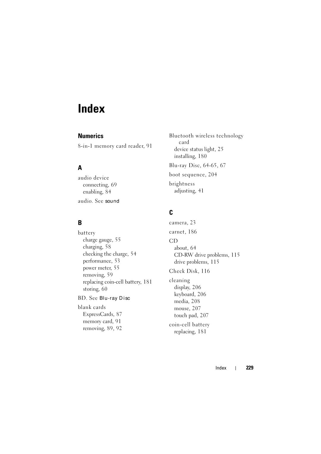Dell PP22L manual Index, BD. See Blu-ray Disc, 229 