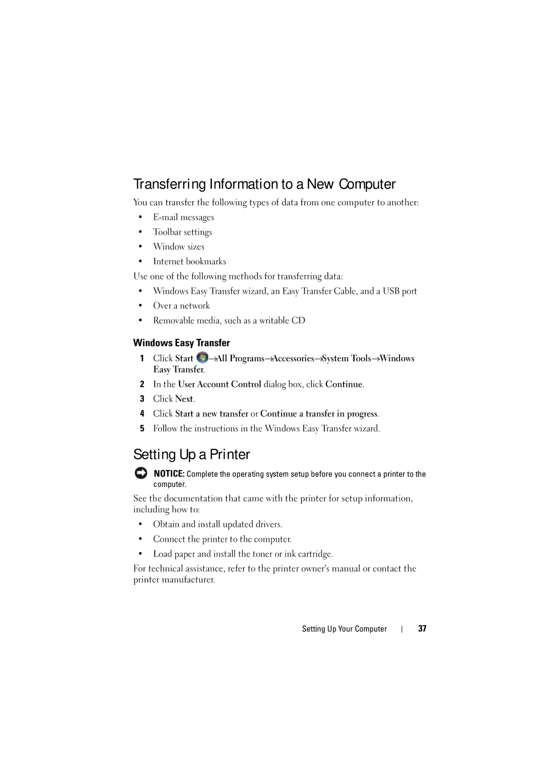 Dell PP22L manual Transferring Information to a New Computer, Setting Up a Printer, Windows Easy Transfer 