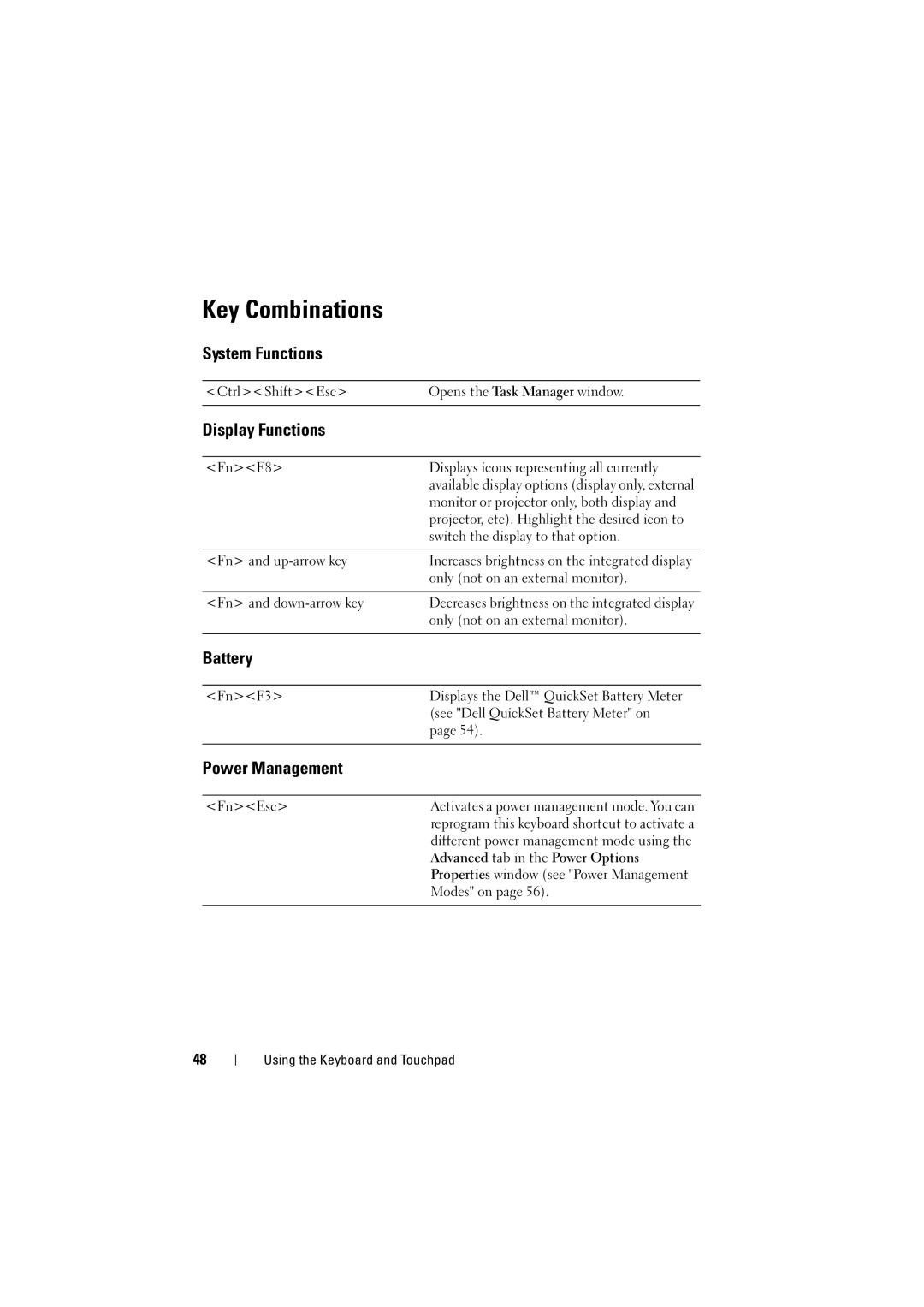 Dell PP22L manual Key Combinations, System Functions, Display Functions, Battery, Power Management 