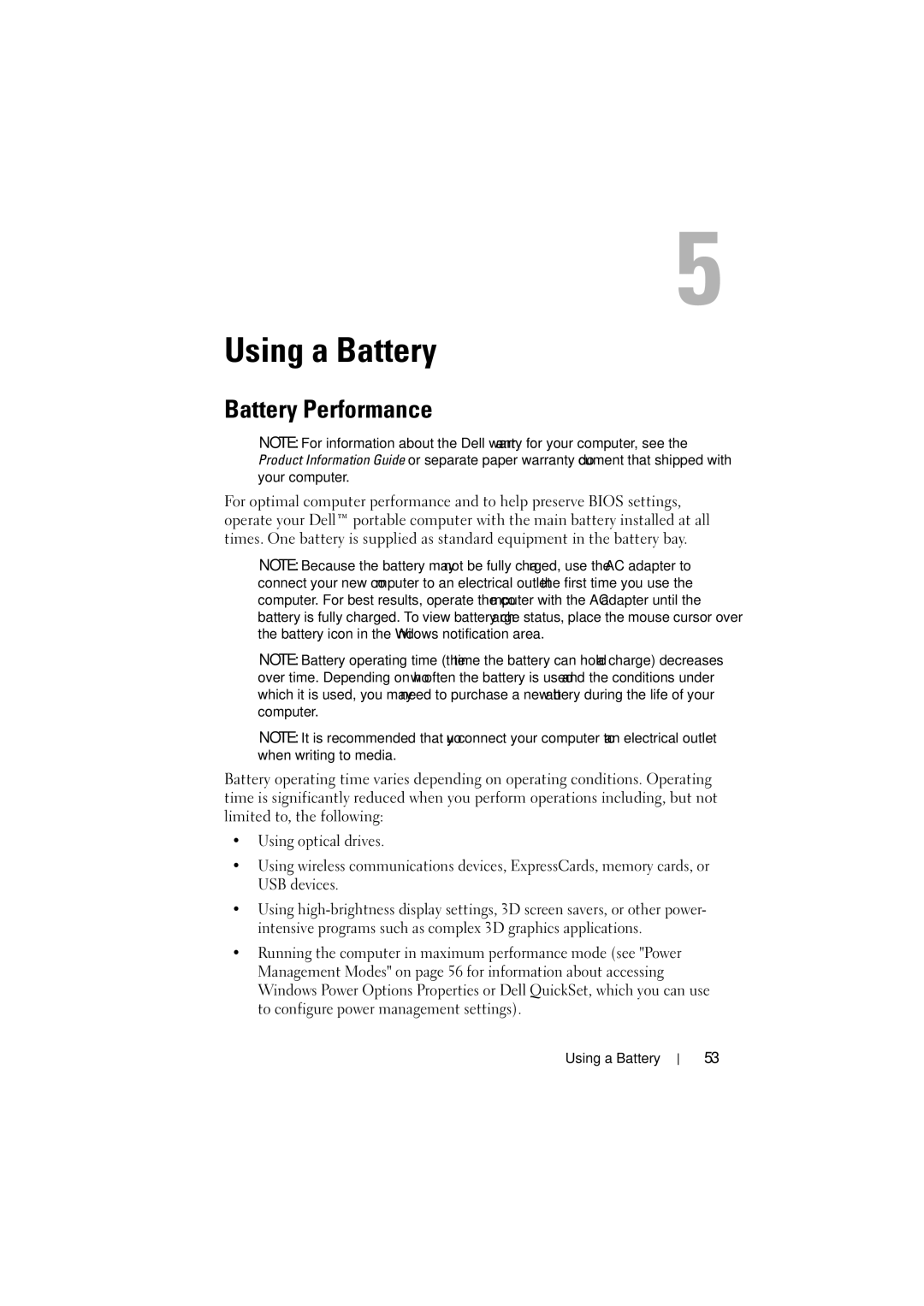 Dell PP22L manual Using a Battery, Battery Performance 