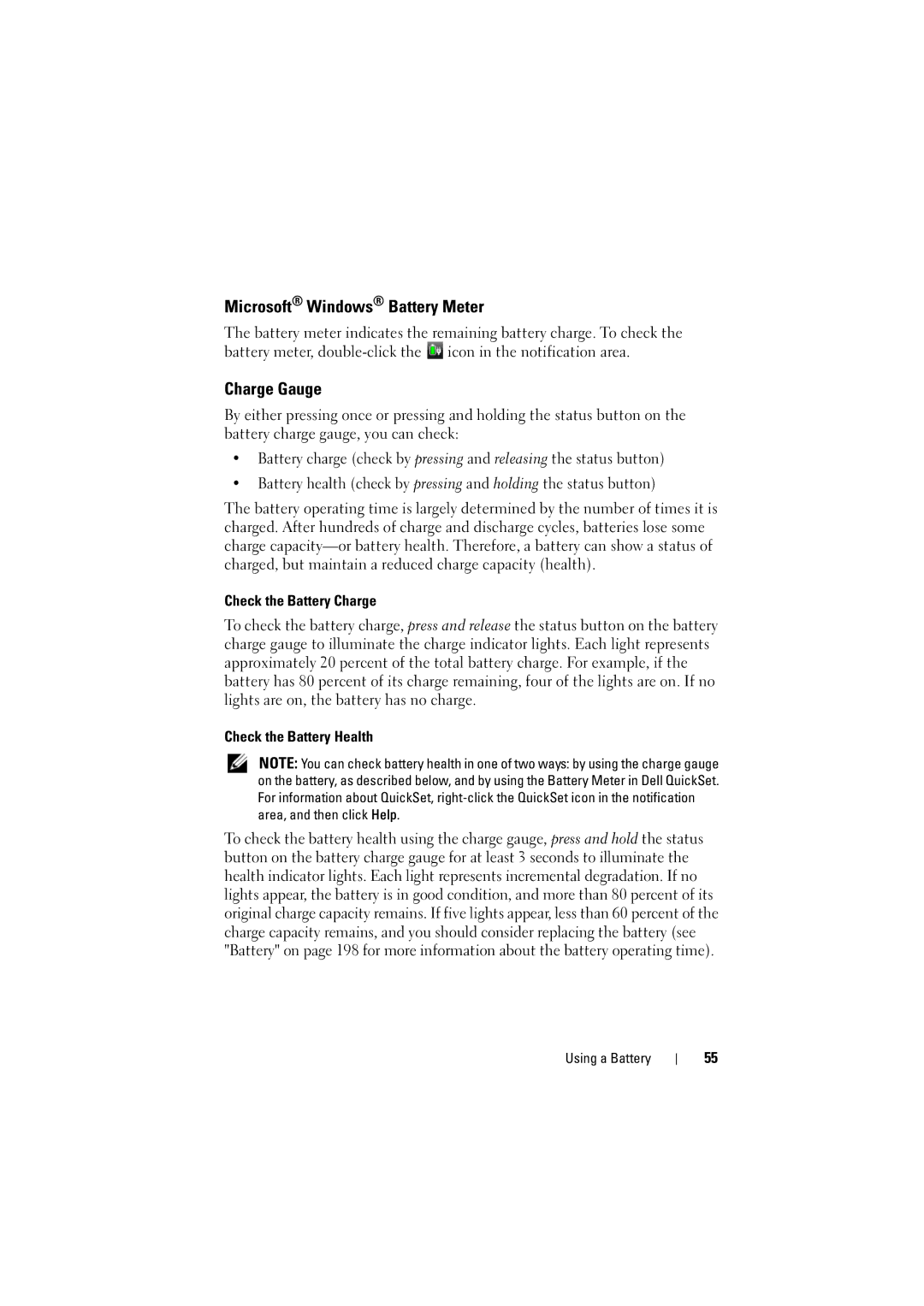 Dell PP22L manual Microsoft Windows Battery Meter, Charge Gauge, Check the Battery Charge, Check the Battery Health 