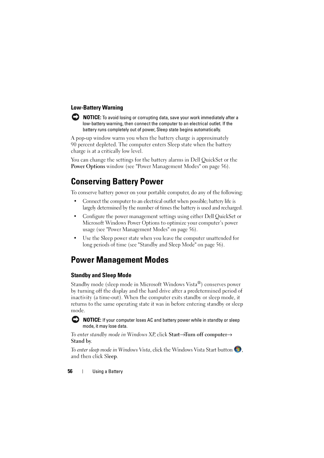 Dell PP22L manual Conserving Battery Power, Power Management Modes, Low-Battery Warning, Standby and Sleep Mode 