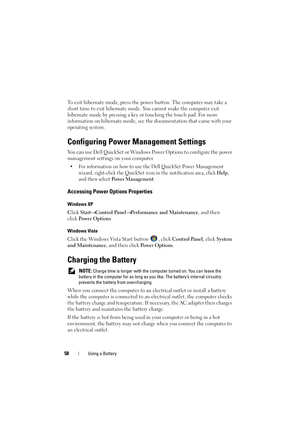 Dell PP22L Configuring Power Management Settings, Charging the Battery, Accessing Power Options Properties, Windows XP 