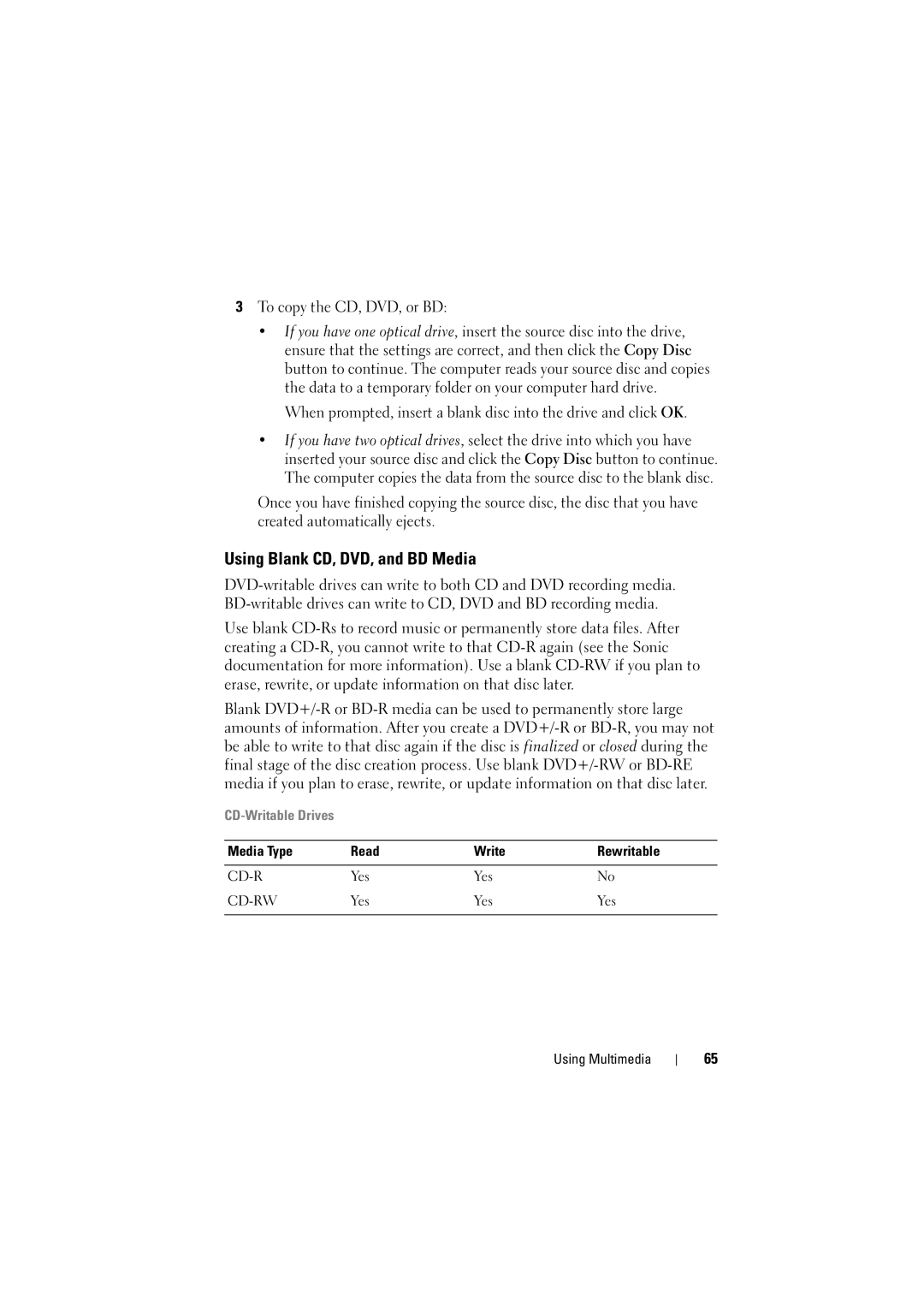 Dell PP22L manual Using Blank CD, DVD, and BD Media 