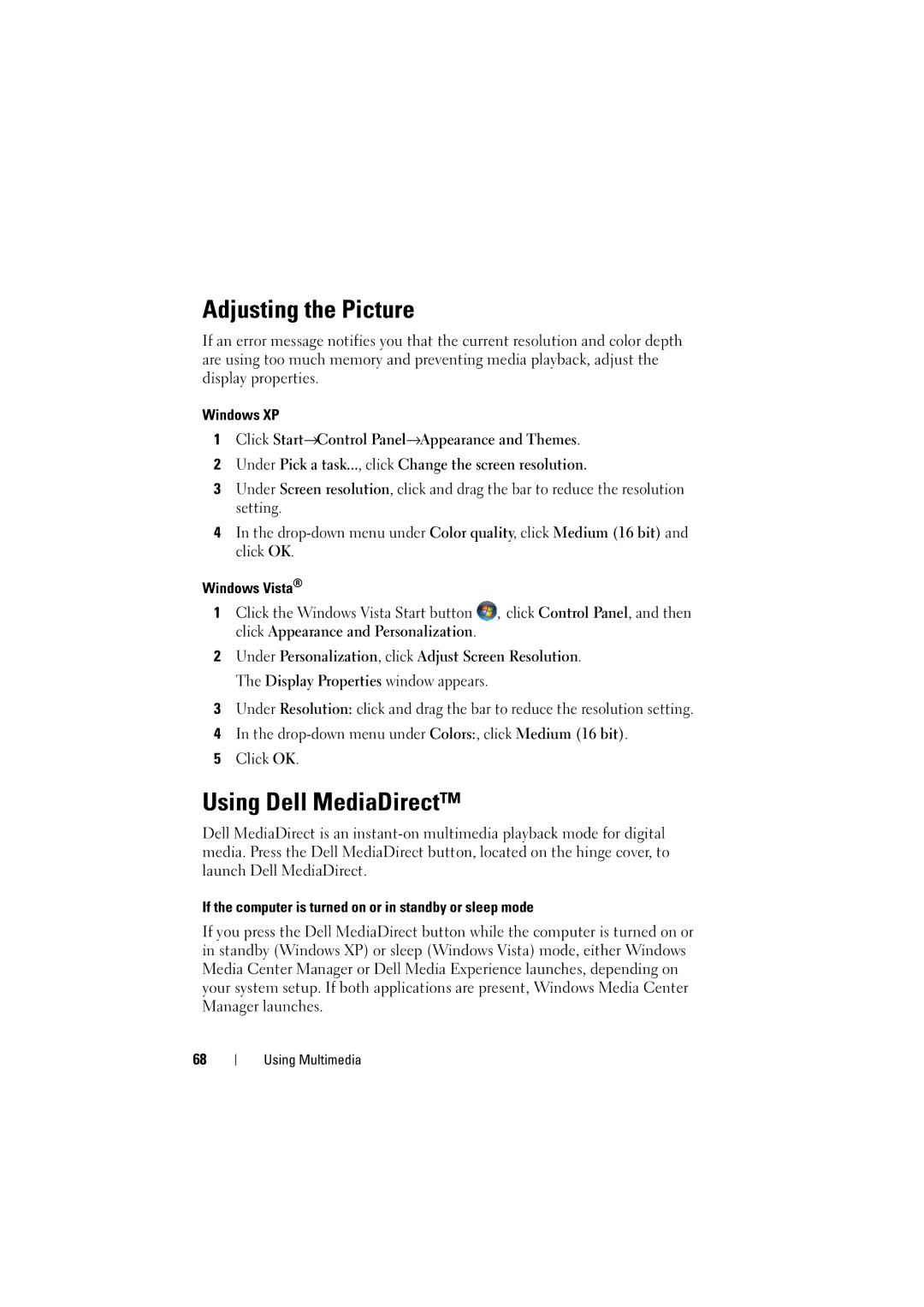 Dell PP22L manual Adjusting the Picture, Using Dell MediaDirect, If the computer is turned on or in standby or sleep mode 