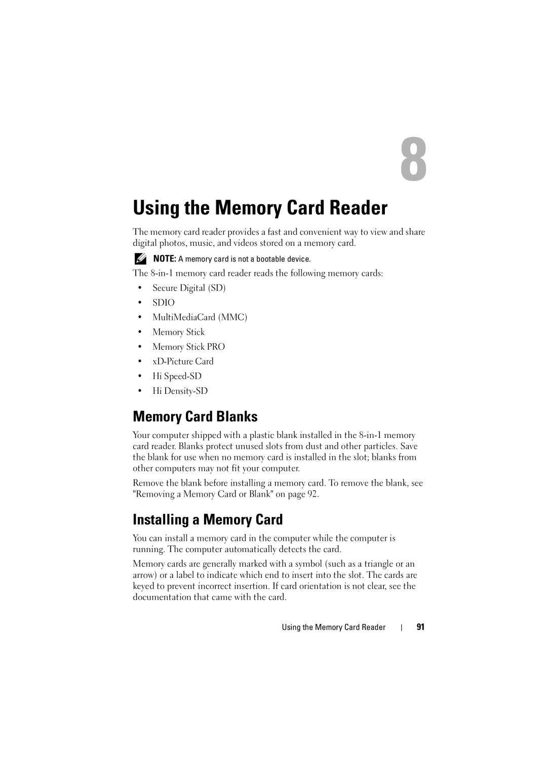 Dell PP22L manual Using the Memory Card Reader, Memory Card Blanks, Installing a Memory Card 