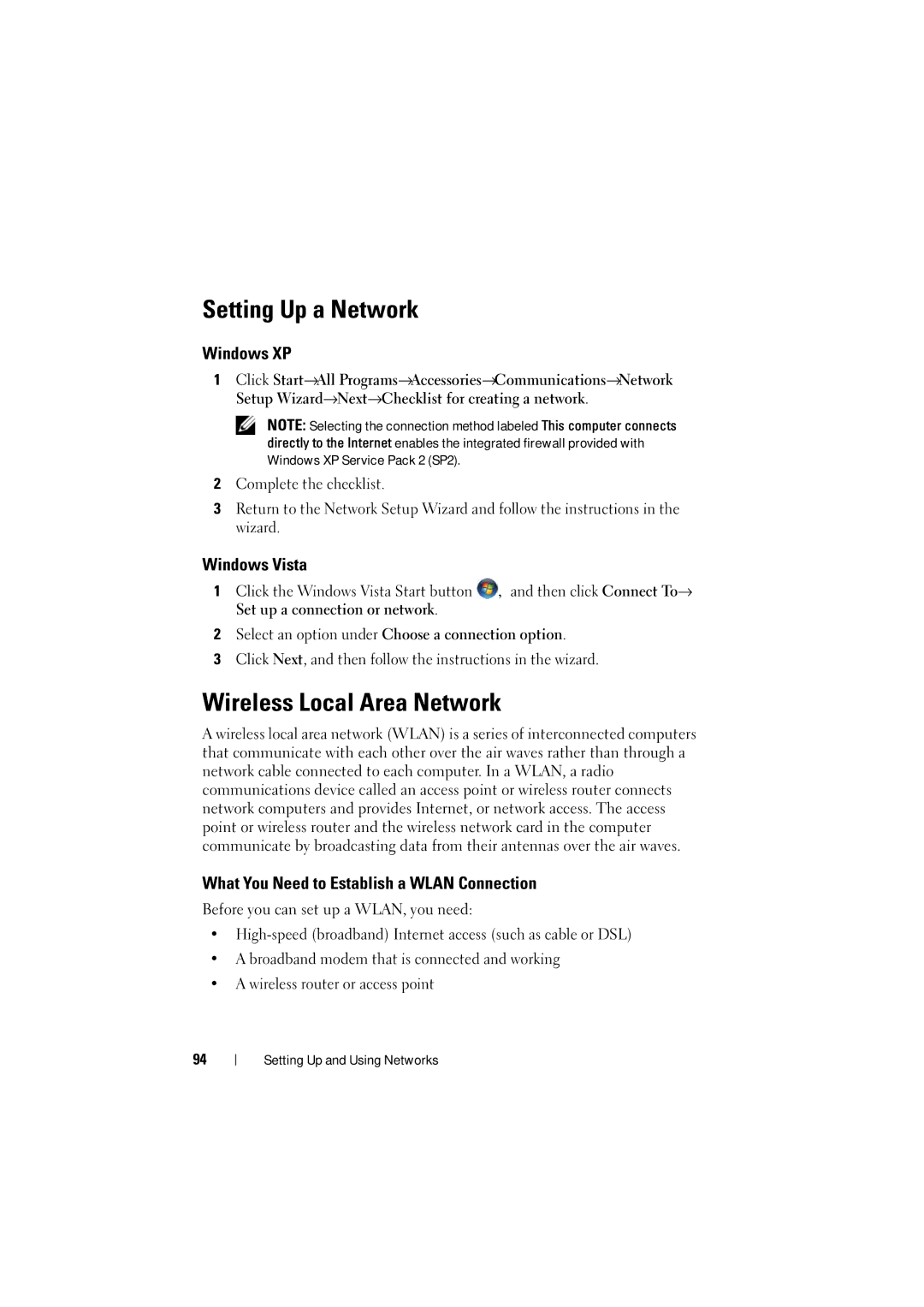 Dell PP22L Setting Up a Network, Wireless Local Area Network, Windows XP, What You Need to Establish a Wlan Connection 