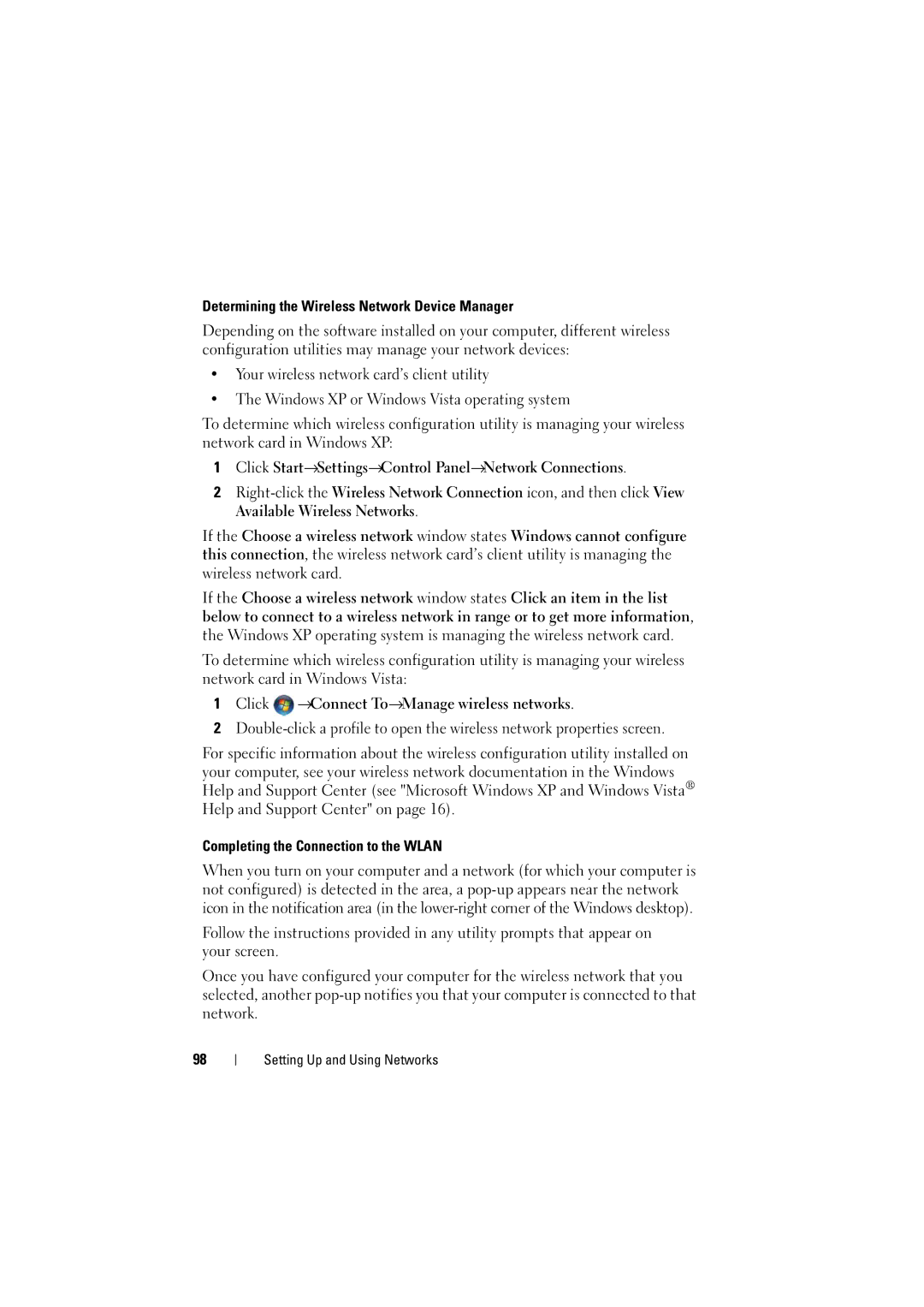 Dell PP22L manual Determining the Wireless Network Device Manager, Click Start→Settings→Control Panel→Network Connections 