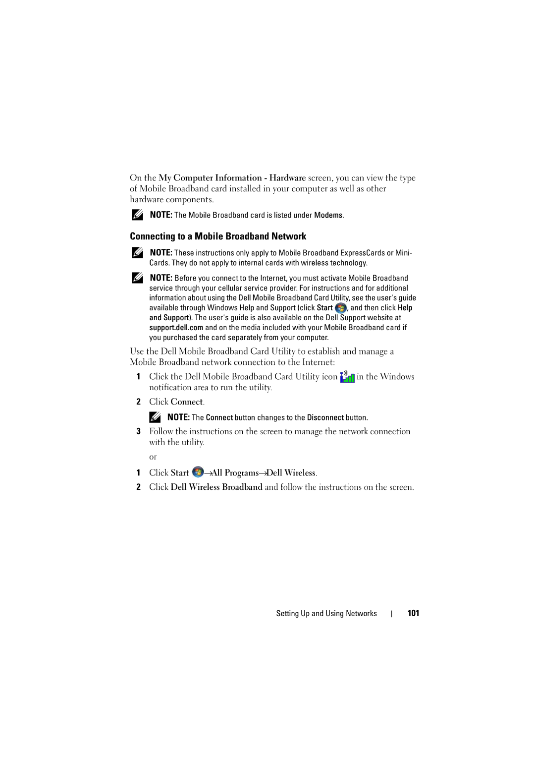 Dell PP22L manual Connecting to a Mobile Broadband Network, Click Start →All Programs→Dell Wireless, 101 