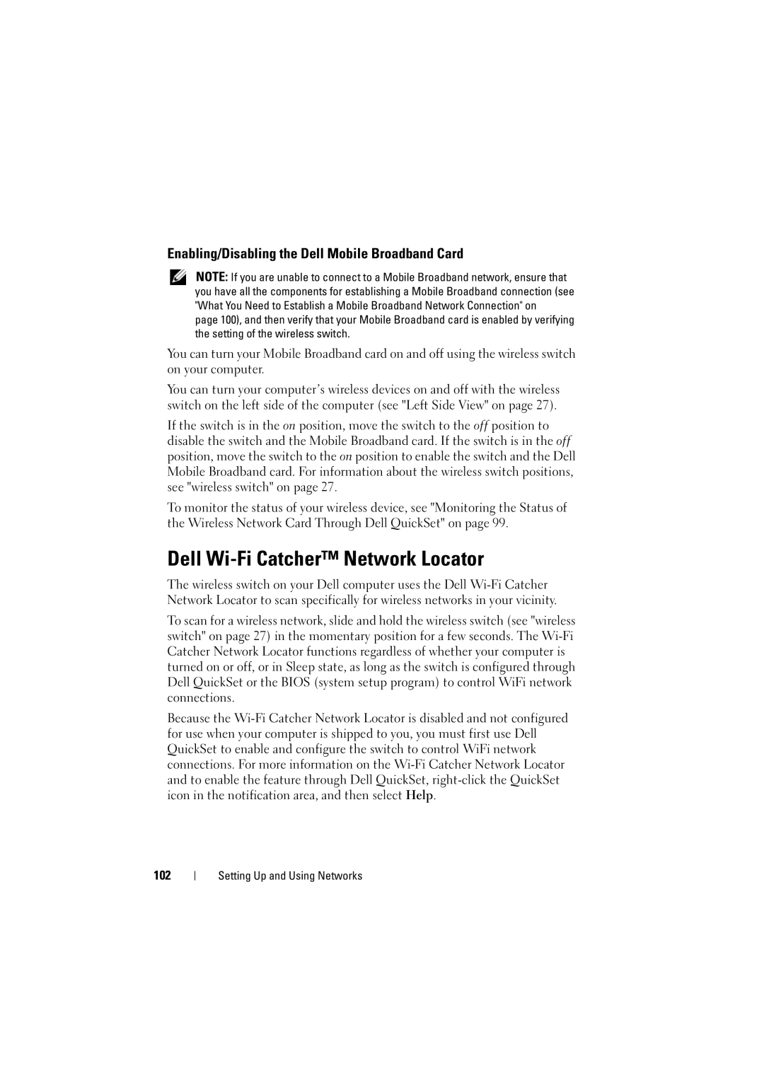Dell PP22L manual Dell Wi-Fi Catcher Network Locator, Enabling/Disabling the Dell Mobile Broadband Card, 102 