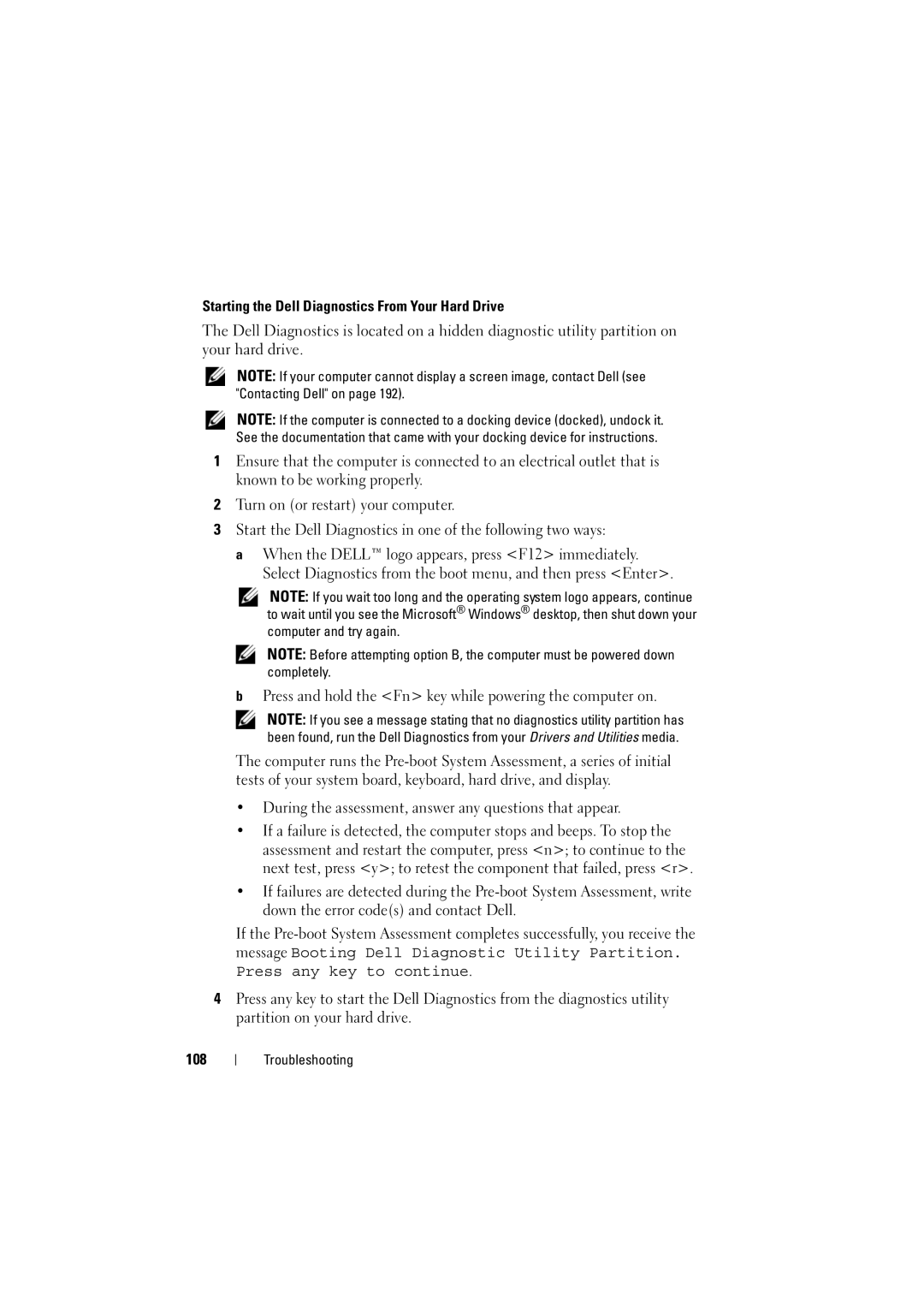 Dell PP22L manual Starting the Dell Diagnostics From Your Hard Drive, 108 