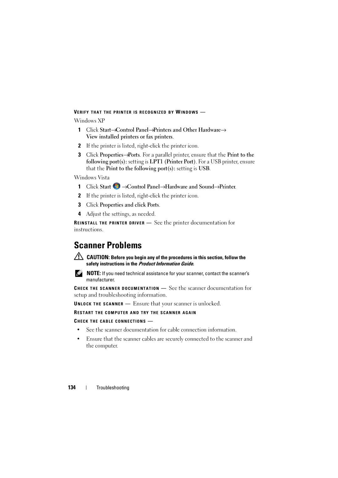 Dell PP22L Scanner Problems, Click Start →Control Panel→Hardware and Sound→Printer, Click Properties and click Ports, 134 