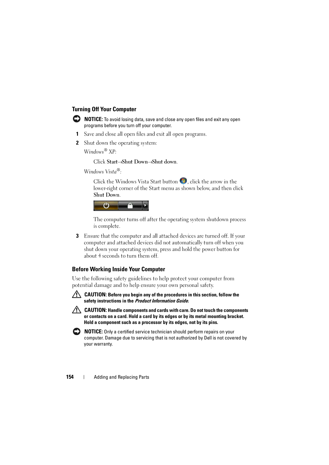 Dell PP22L manual Turning Off Your Computer, Before Working Inside Your Computer, 154 