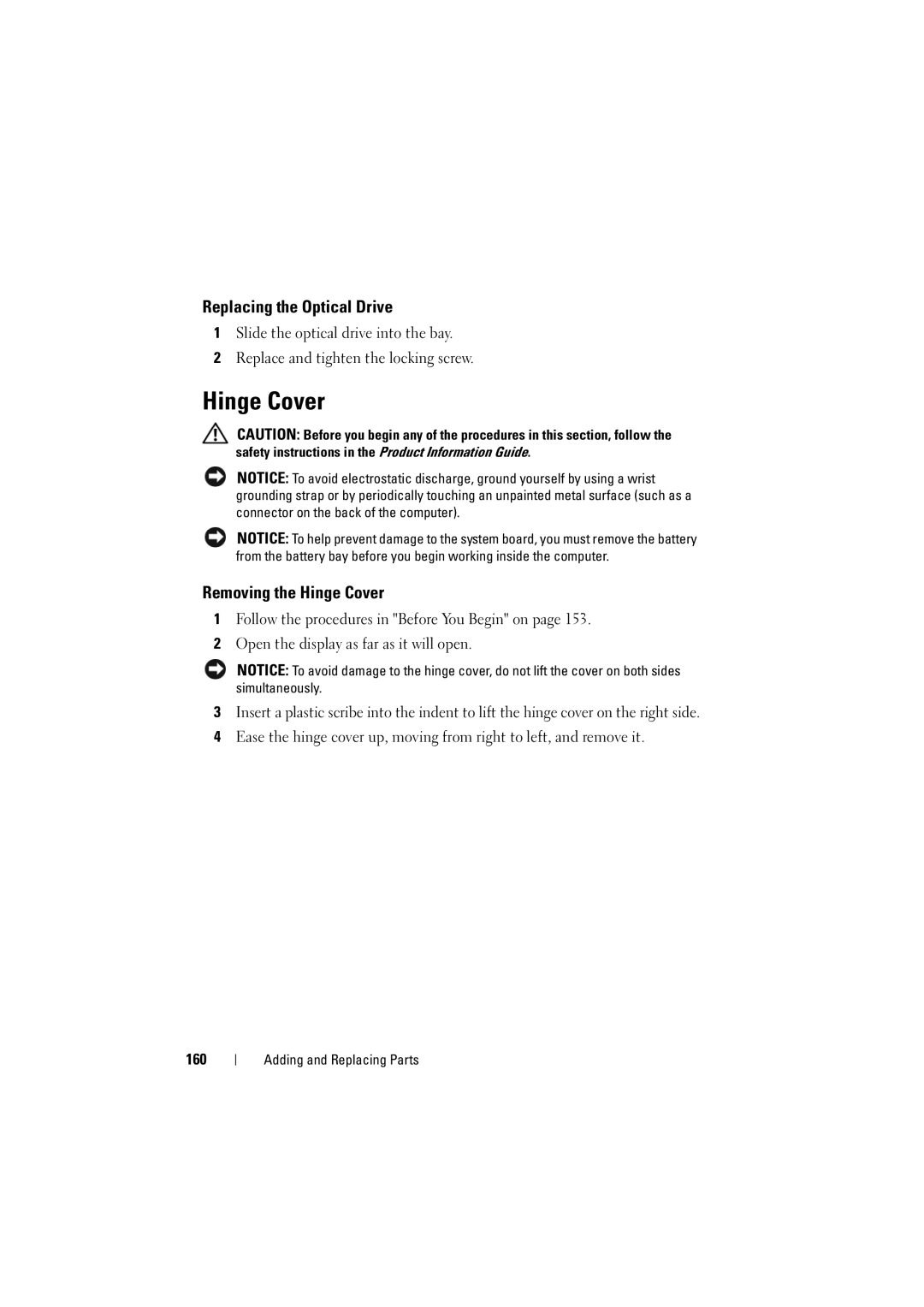 Dell PP22L manual Replacing the Optical Drive, Removing the Hinge Cover, 160 