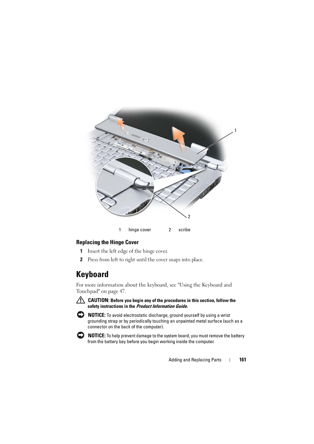 Dell PP22L manual Keyboard, Replacing the Hinge Cover, 161 