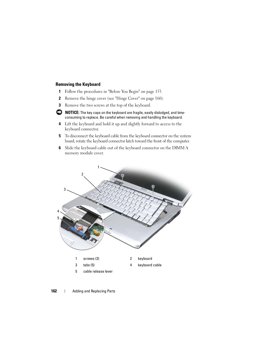 Dell PP22L manual Removing the Keyboard, 162 