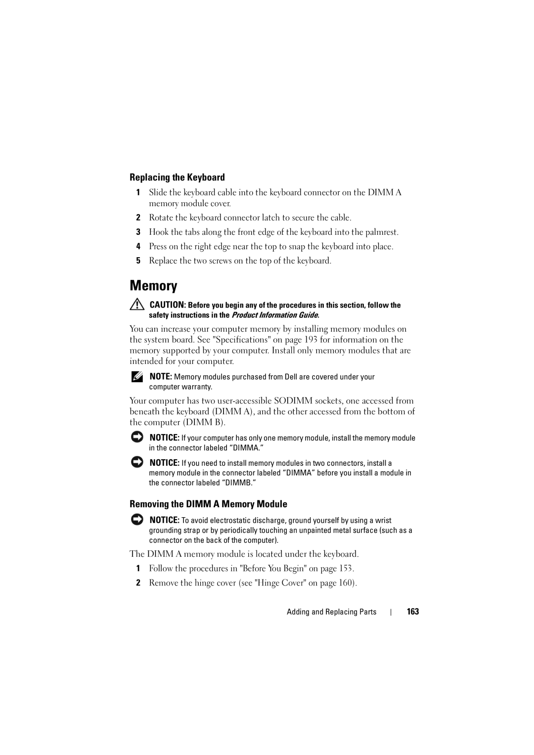 Dell PP22L manual Replacing the Keyboard, Removing the Dimm a Memory Module, 163 