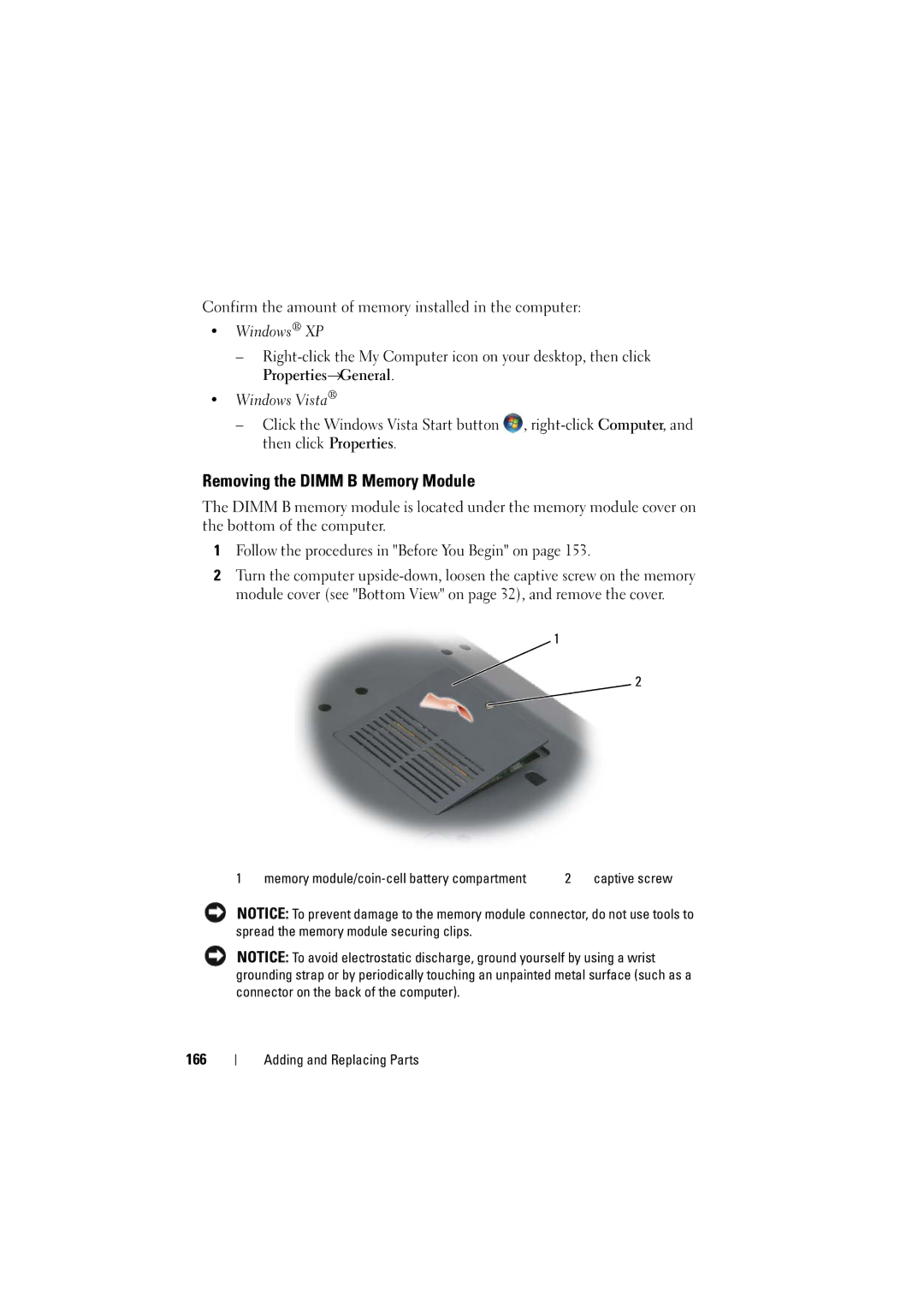 Dell PP22L manual Removing the Dimm B Memory Module, Properties→General Windows Vista, 166 