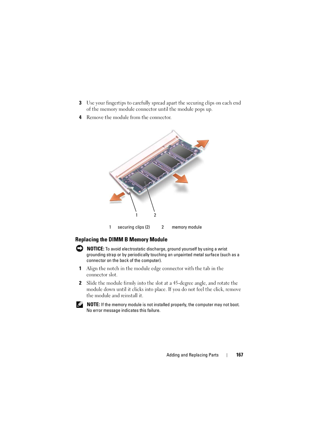 Dell PP22L manual Replacing the Dimm B Memory Module, 167 