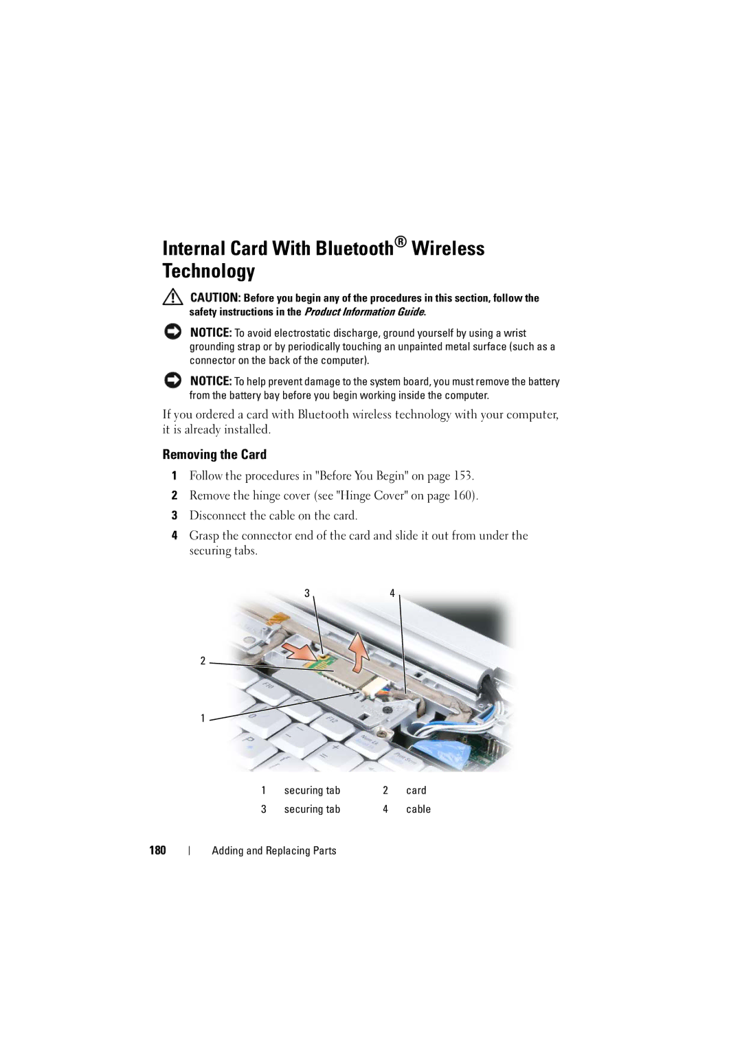 Dell PP22L manual Internal Card With Bluetooth Wireless Technology, Removing the Card, 180 