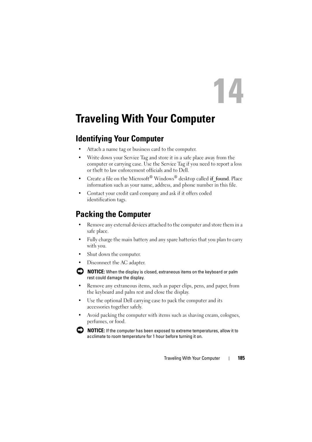 Dell PP22L manual Traveling With Your Computer, Identifying Your Computer, Packing the Computer, 185 