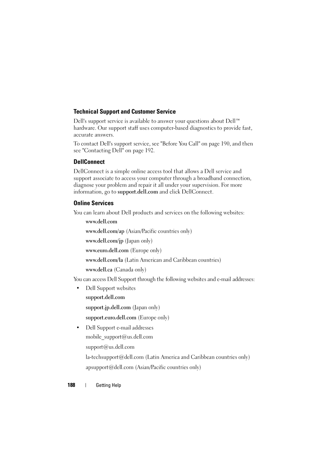 Dell PP22L manual Technical Support and Customer Service, DellConnect Online Services, 188 