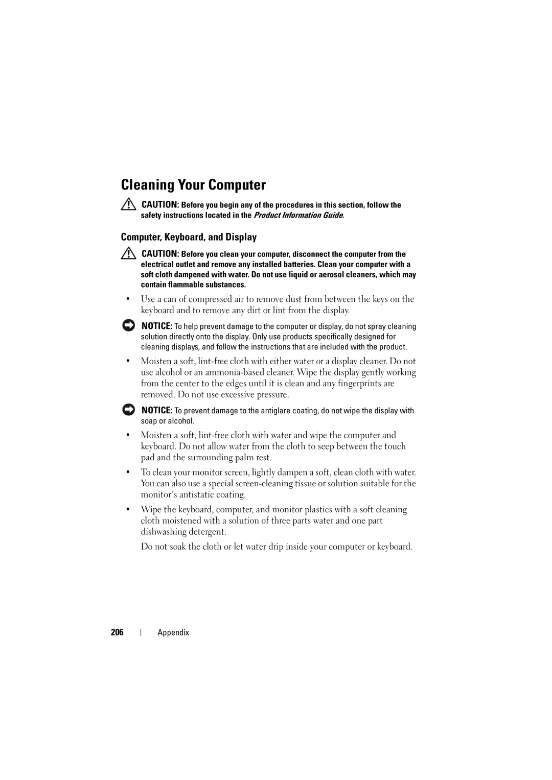 Dell PP22L manual Cleaning Your Computer, Computer, Keyboard, and Display, 206 