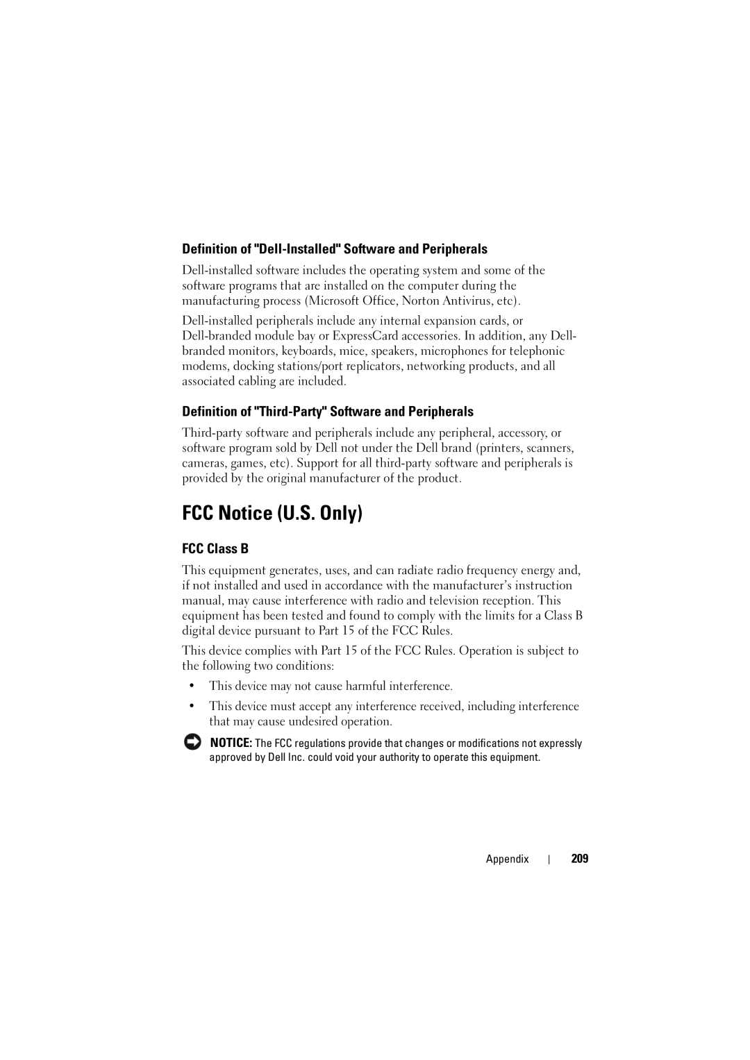 Dell PP22L manual FCC Notice U.S. Only, Definition of Dell-Installed Software and Peripherals, FCC Class B, 209 