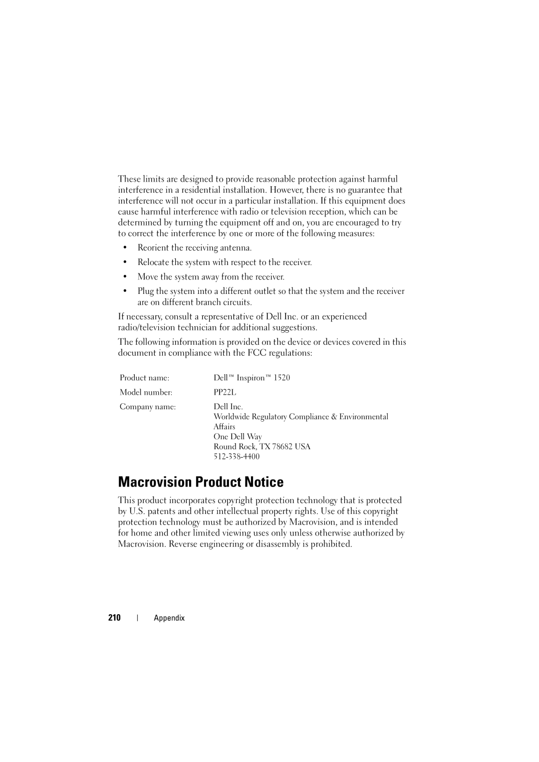 Dell PP22L manual Macrovision Product Notice, 210 