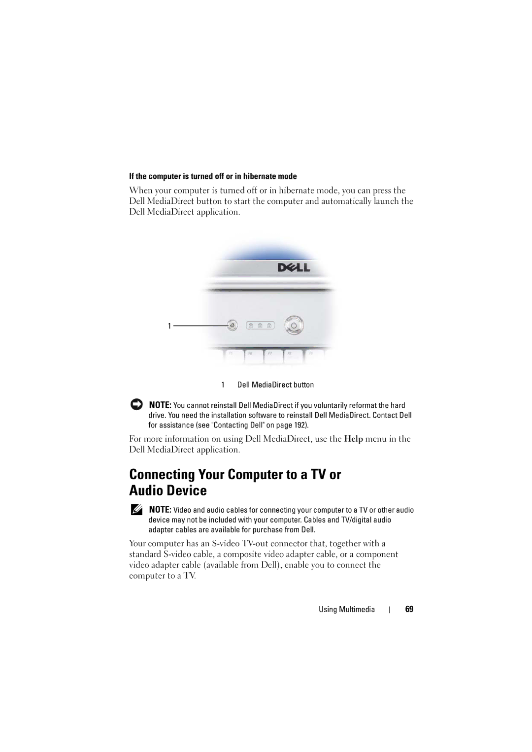 Dell PP22L manual Connecting Your Computer to a TV or Audio Device, If the computer is turned off or in hibernate mode 