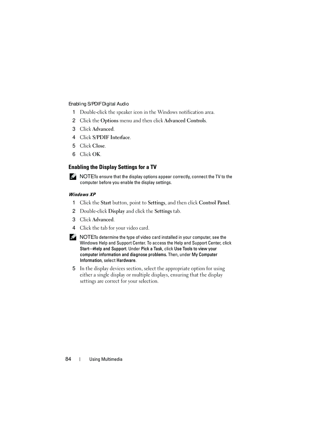 Dell PP22L Enabling the Display Settings for a TV, Enabling S/PDIF Digital Audio, Click Advanced Click S/PDIF Interface 